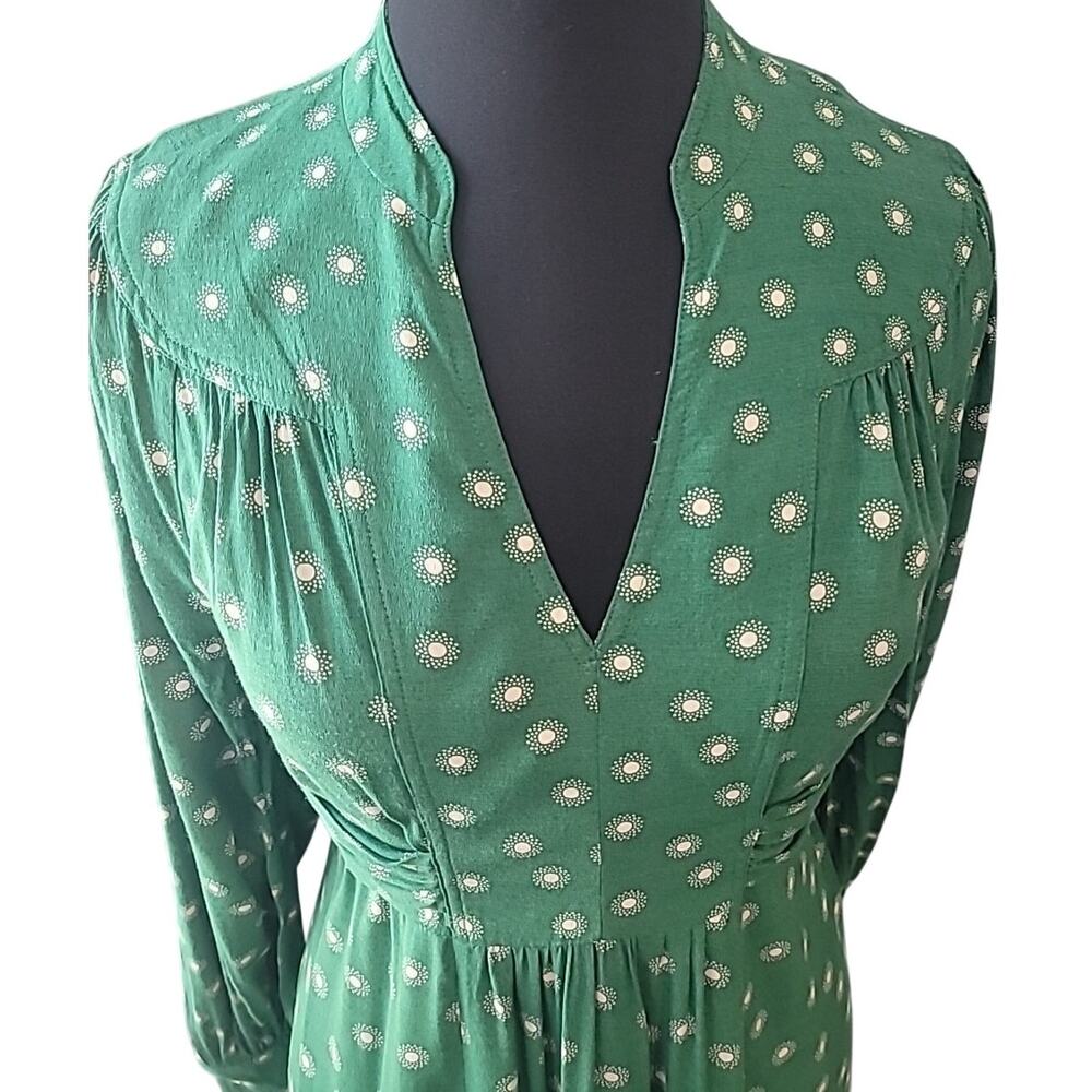 Boden Floral Print Midi Dress Green Spring Long Sleeve V Neck Women US 6R UK 10R
